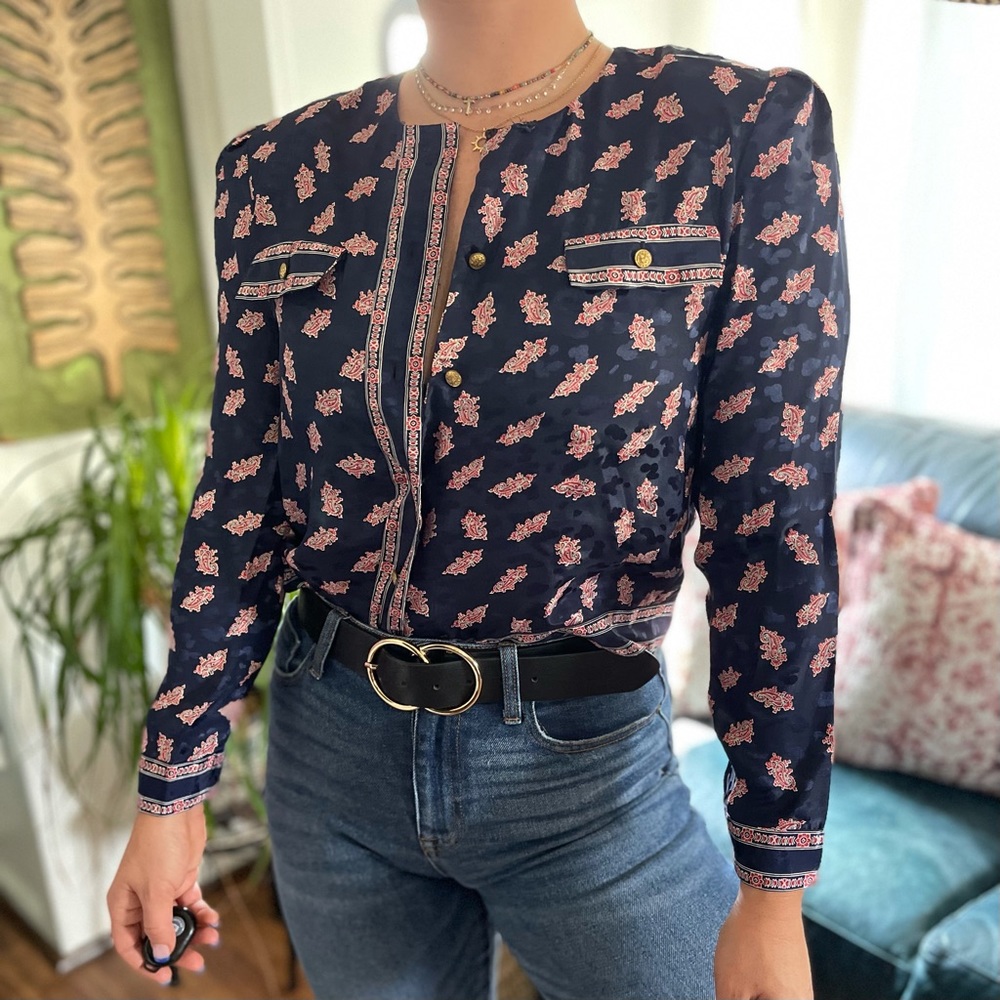 VTG Paisley Design Button Up Navy Jacket Top SZ 10